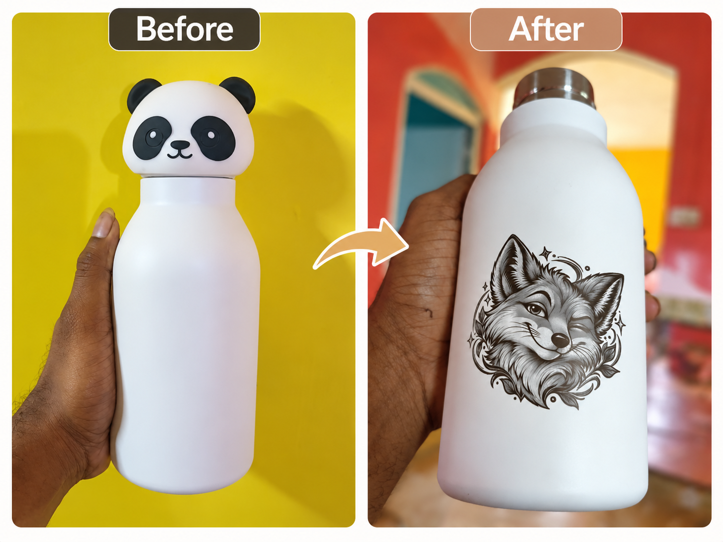Before and after personalisation of a customer’s white bottle, with a fox design engraved on the finished bottle